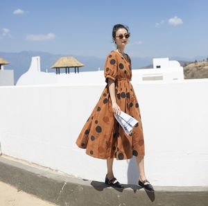 dot print dress in Brown